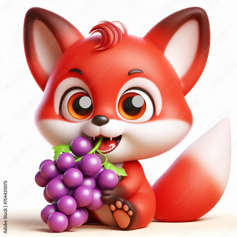 3D funny red fox cartoon eating grapes. Fun wild animals for children's illustrations. AI generated 3D funny red fox cartoon eating grapes. Fun wild animals for children's illustrations. AI generated