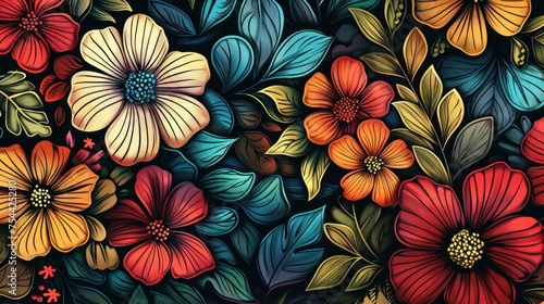 Illustration multicolored floral with leaves graphic template background. AI generated image