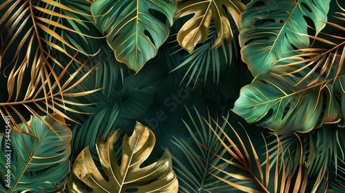 Abstract tropical green and gold leaves background. AI generated image