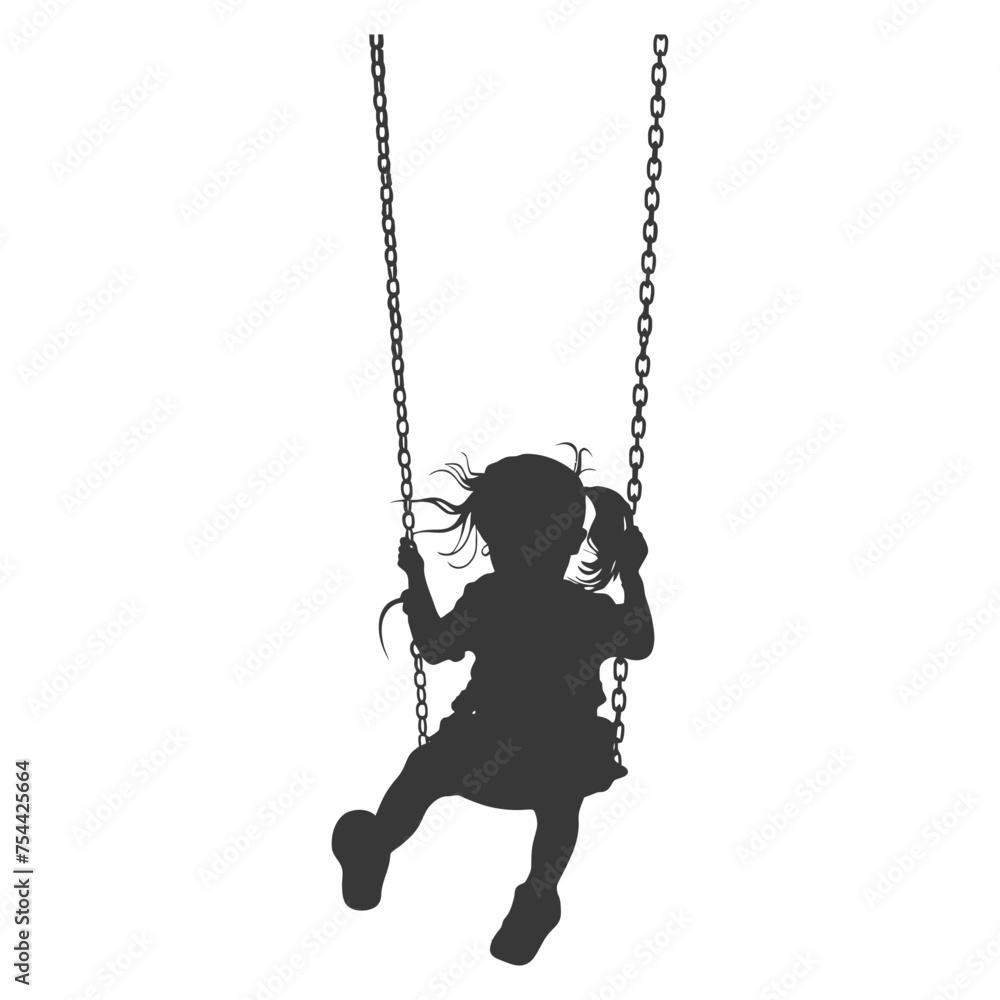 Silhouette little girl playing swing in the playground black color only