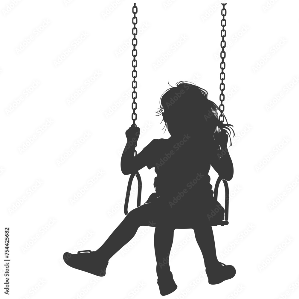 Silhouette little girl playing swing in the playground black color only Silhouette little girl playing swing in the playground black color only