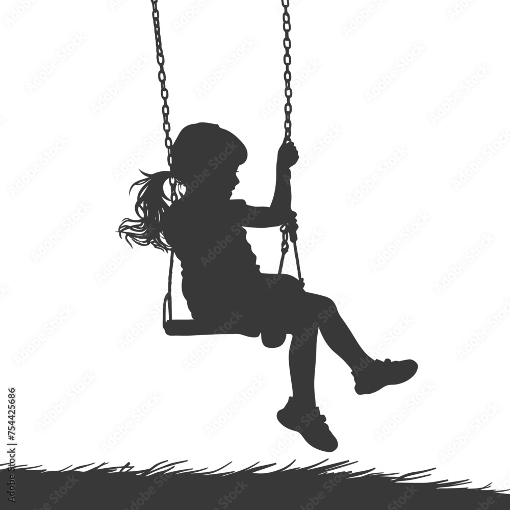 Silhouette little girl playing swing in the playground black color only Silhouette little girl playing swing in the playground black color only