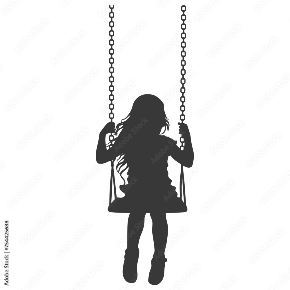 Silhouette little girl playing swing in the playground black color only Silhouette little girl playing swing in the playground black color only