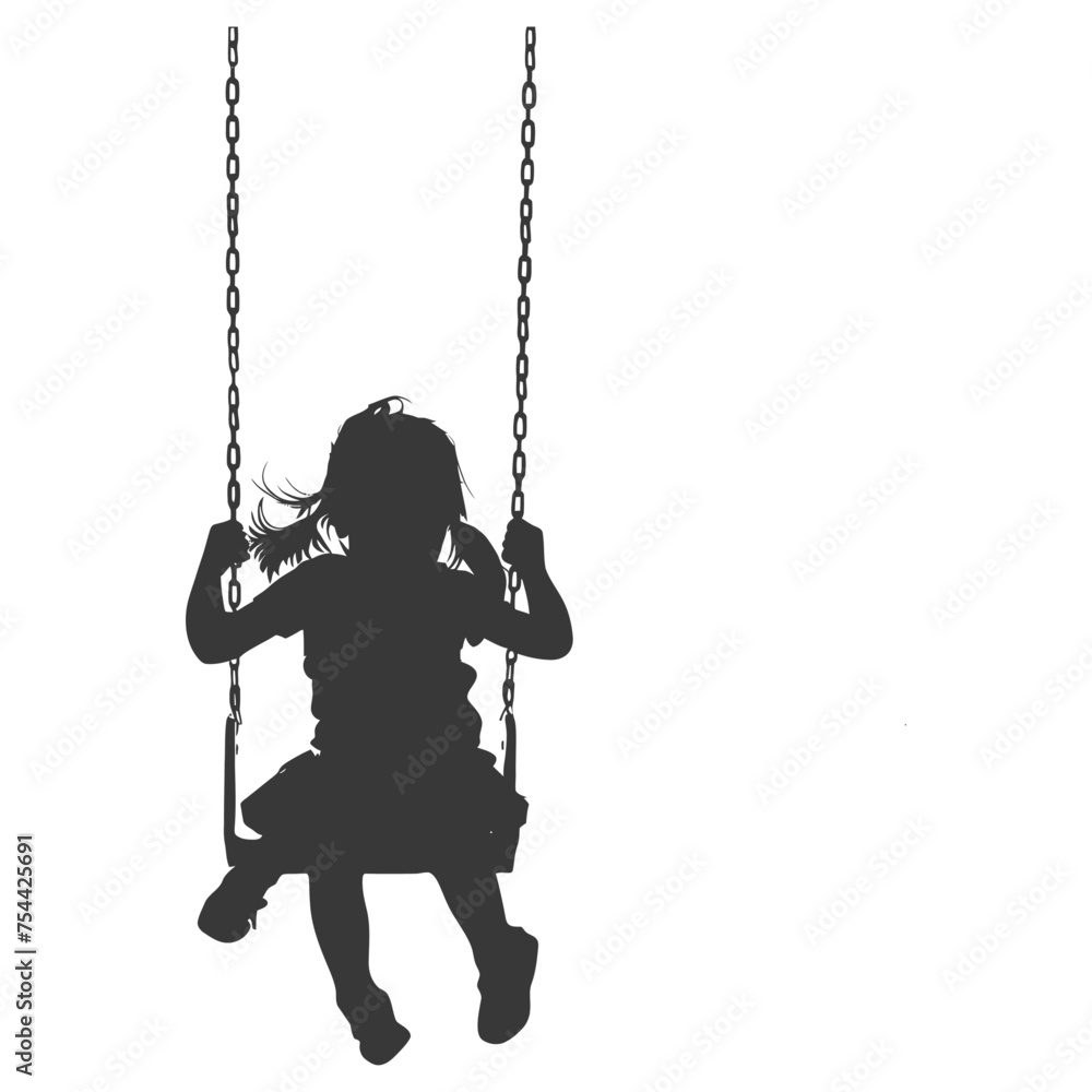 Silhouette little girl playing swing in the playground black color only Silhouette little girl playing swing in the playground black color only
