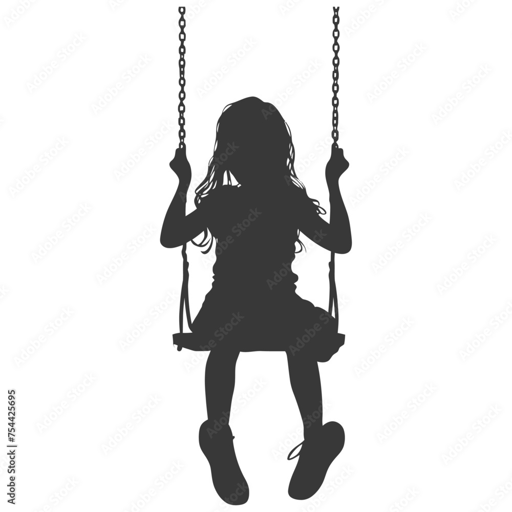 Silhouette little girl playing swing in the playground black color only Silhouette little girl playing swing in the playground black color only