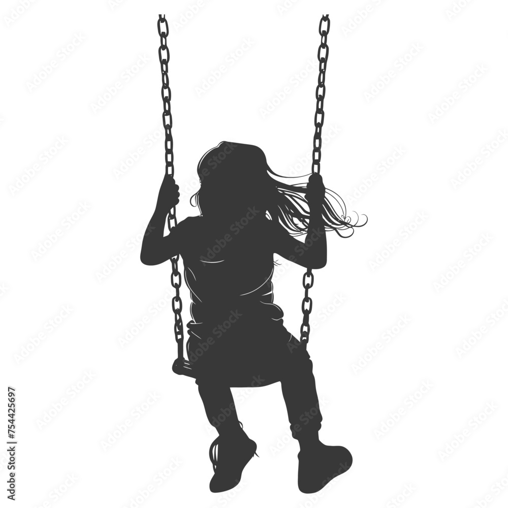 Silhouette little girl playing swing in the playground black color only Silhouette little girl playing swing in the playground black color only