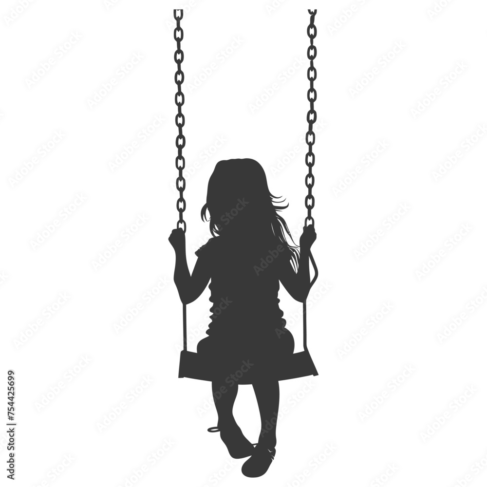 Silhouette little girl playing swing in the playground black color only Silhouette little girl playing swing in the playground black color only