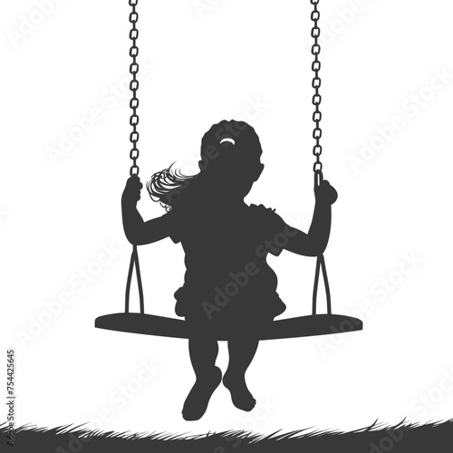 Silhouette little girl playing swing in the playground black color only