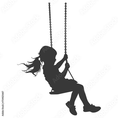 Silhouette little girl playing swing in the playground black color only