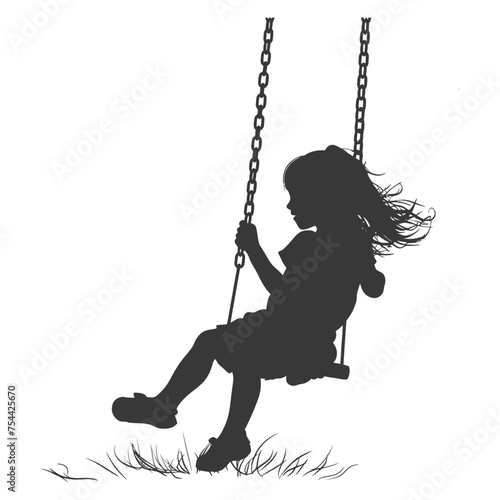 Silhouette little girl playing swing in the playground black color only