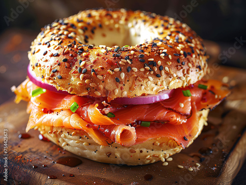 Top down view of Everything bagels with salmon lox, cream cheese and garnished with capers and sprouts. Delicious bagel and lox photography, explosion flavors photo