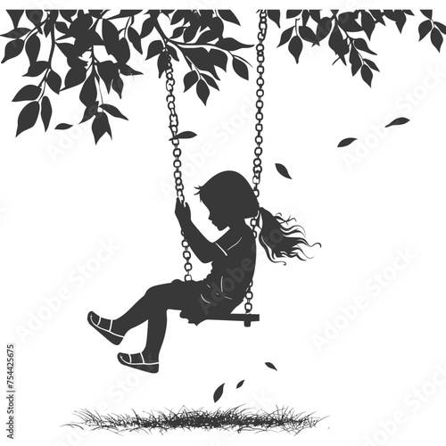Silhouette little girl playing swing in the playground black color only