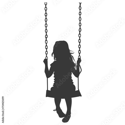 Silhouette little girl playing swing in the playground black color only