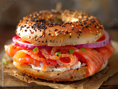 Top down view of Everything bagels with salmon lox, cream cheese and garnished with capers and sprouts. Delicious bagel and lox photography, explosion flavors