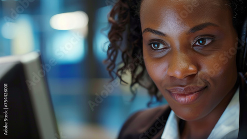 Close-up of a professional woman’s focused expression at work, illuminated by her computer screen.