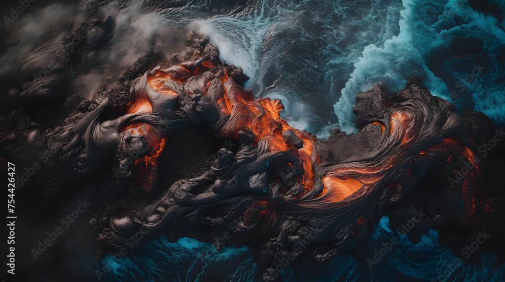 lava flowing out of a volcano by an aerial view - obrazy, fototapety, plakaty 