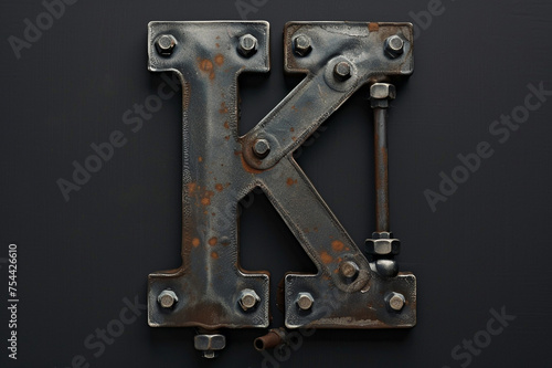 Uppercase letter K with industrial pipelines, steel or iron alphabet, factory style, metallic plumber abc 