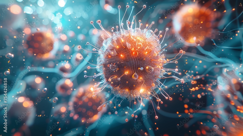 llness respiratory coronavirus 2019-ncov flu outbreak 3D medical illustration. Microscopic view of floating influenza virus cells. - obrazy, fototapety, plakaty 