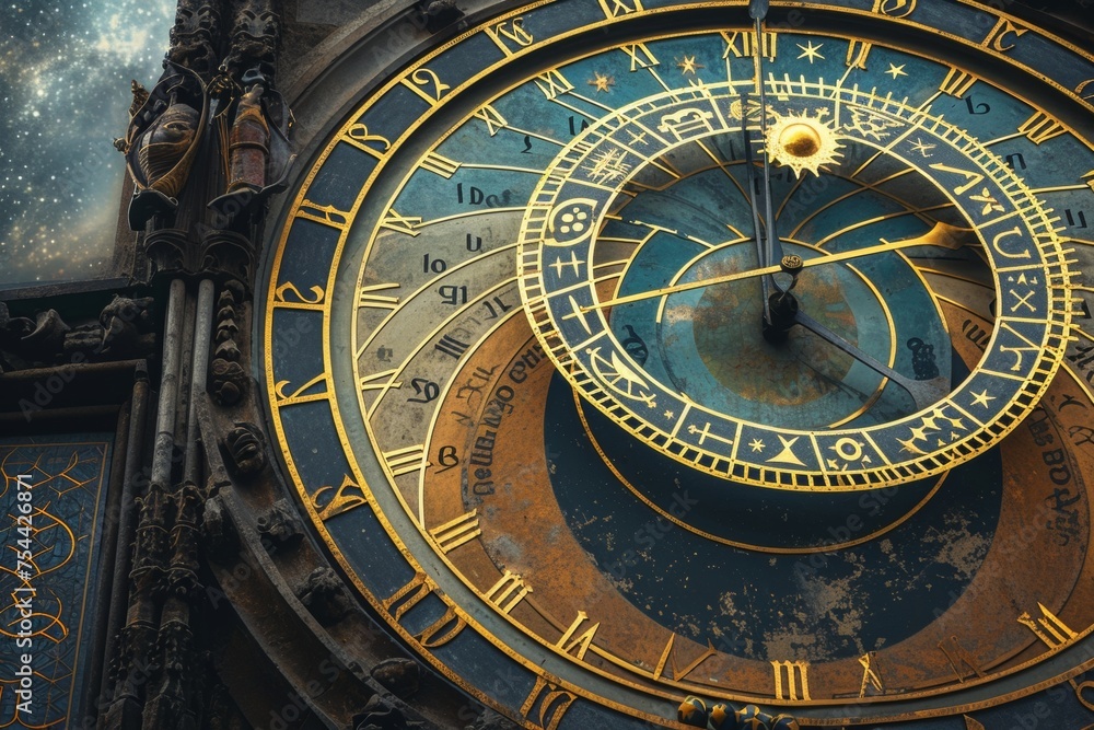 old antique astronomical clock closeup. Change Daylight Saving Time concept. 
