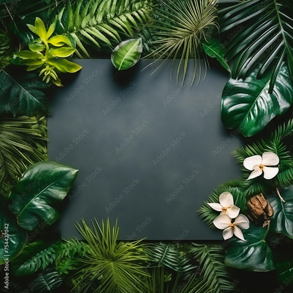 Dark tropical leaves and pink flowers on the black background. Ai generated photo top view template with botanical border