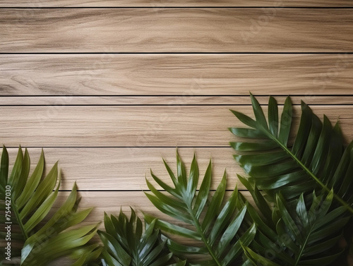 Dark tropical leaves on the wooden background with copy space. Ai generated photo top view template with botanical border