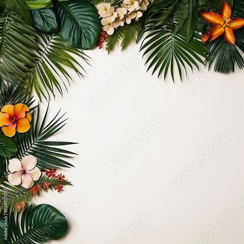 Dark tropical leaves and pink flowers on the white background. Ai generated photo top view template with botanical border and copy space