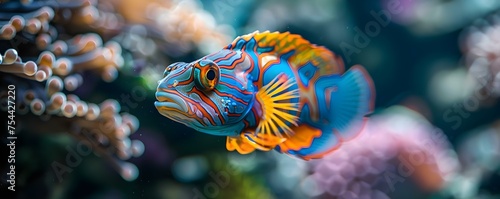 Close-Up of Mandarinfish Vibrant Colors and Patterns. Concept Aquatic Life, Close-Up Photography, Colorful Patterns, Underwater Beauty