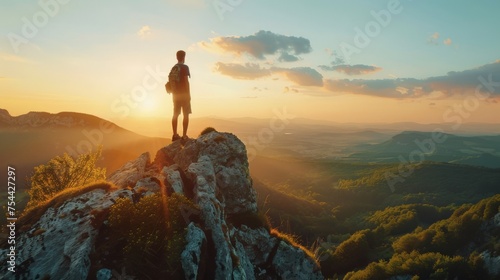 Young man standing on top of cliff in summer mountains at sunset and enjoying view of nature © Sasint