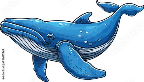 Blue whale vector art isolated on white background. Whale animal icon. Ocean aquatic mammal. Sea Animal blue whale floating Underwater.