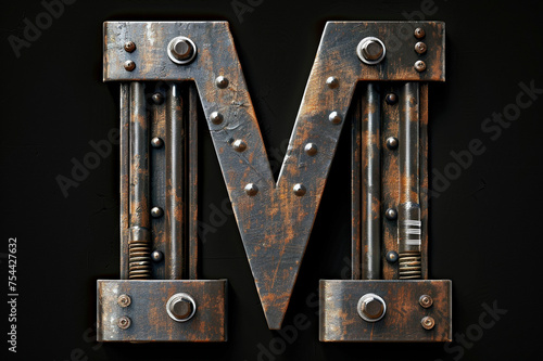 Uppercase letter M with industrial pipelines, steel or iron alphabet, factory style, metallic plumber abc 