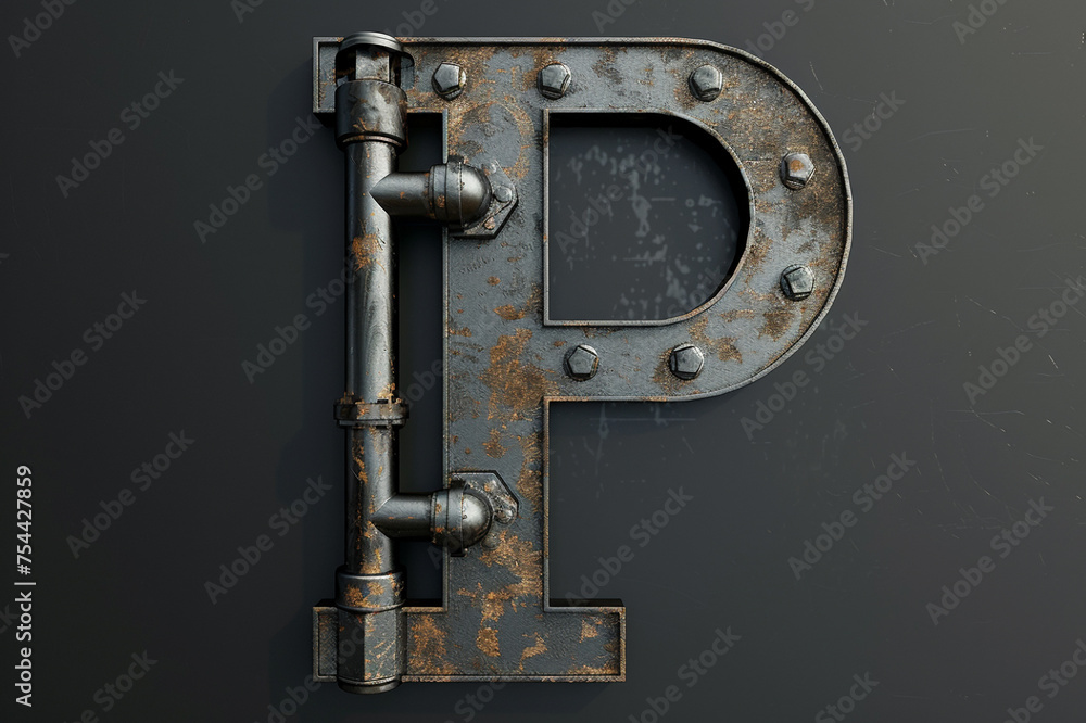 Uppercase letter P with industrial pipelines, steel or iron alphabet, factory style, metallic plumber abc 
