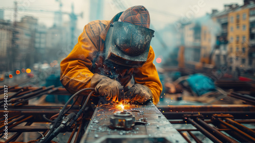 Welder welding steel On the backdrop of a construction site,generative ai