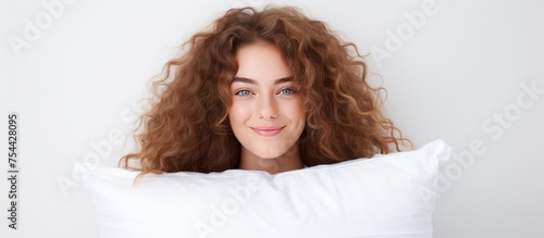 A beautiful young woman with curly hair is hiding behind a pillow, embracing it while wearing jeans and a white shirt. The woman appears to be playfully peeking out from behind the pillow. photo