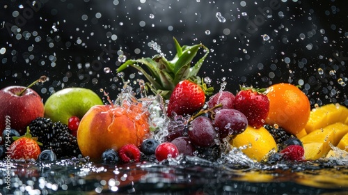 Macro view assorted fresh fruits with splashing water isolated on dark background. AI generated image