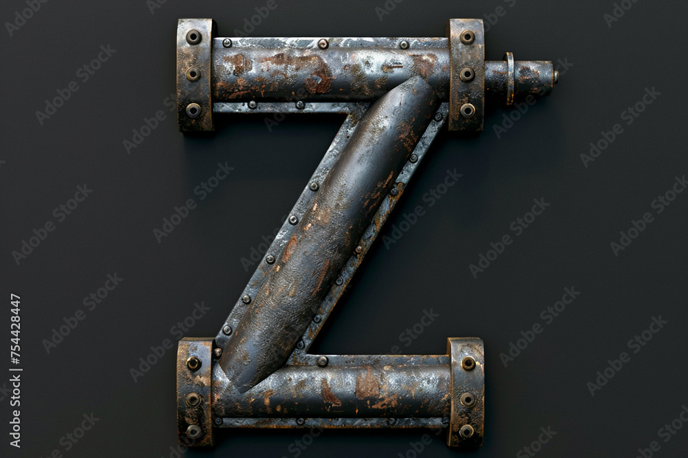 Uppercase letter Z with industrial pipelines, steel or iron alphabet, factory style, metallic plumber abc 
