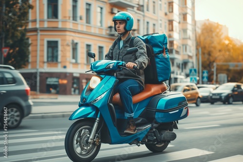 A male courier is riding a blue motorbike with a cube-shaped delivery bag, speeding along the city streets to find the delivery address