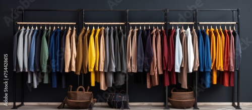 A row of coat shirts on a rack with a handbag placed in front of a black wall in a clothing shop interior. The rack and handbag stand out against the dark background.