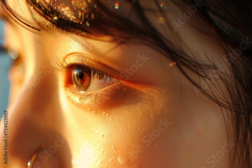 A professional studio portrait of a girl face, cinematic close up of a woman head, shines under sunlight, emotional and sensual style, eyes and soft skin at sunset warm light, AI Generated photo