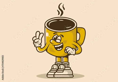 Character illustration of coffee mug with hand form a symbol of peace. Yellow vintage color