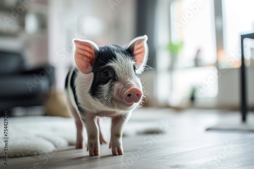 mini pig pet in scandinavian interior living room on the floor at home. Adorable piggy. 