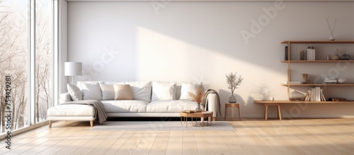 A white couch and bookshelf adorn a sunlit living room with a wooden floor and large window looking out to a white landscape.