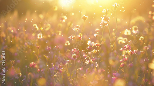 A field of wildflowers bathed in golden sunlight