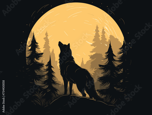 simple Vector in modern thin line style of wolf at night