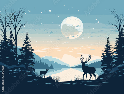 simple Vector in modern thin line style of deer in the forest