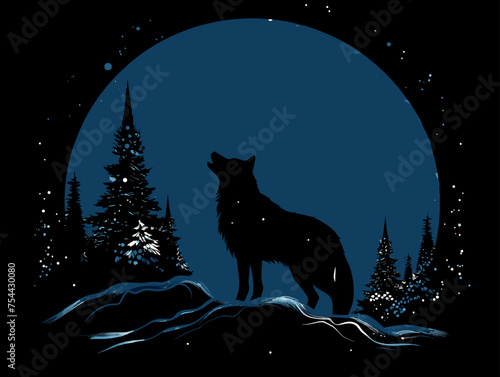 simple Vector in modern thin line style of wolf at night