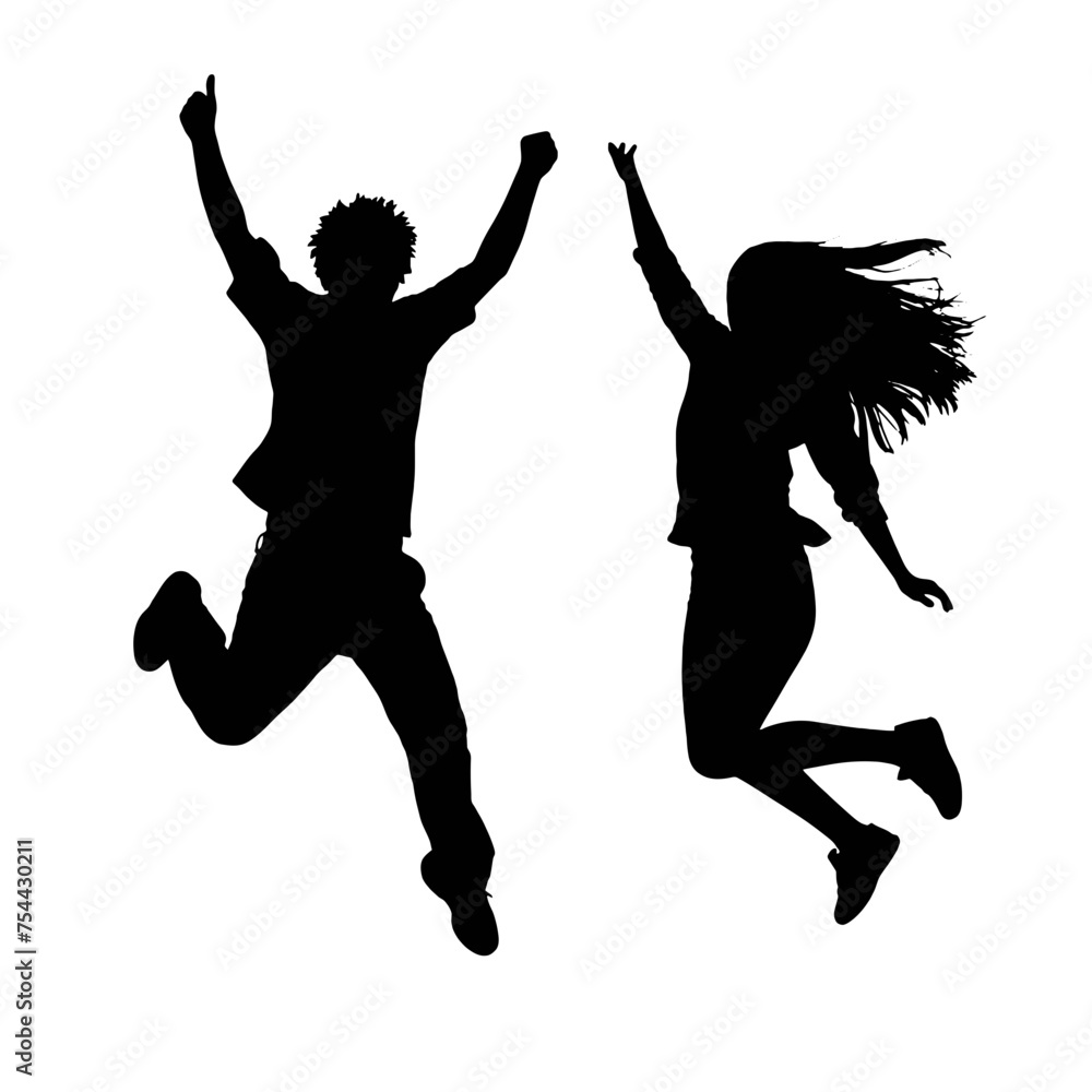 Silhouettes of man and woman jumping Silhouettes of man and woman jumping