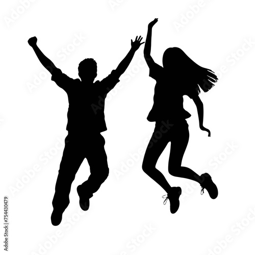 Silhouettes of man and woman jumping