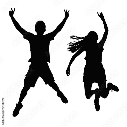 Silhouettes of man and woman jumping