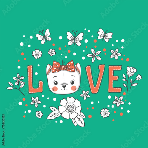 Love slogan text with cat girl face, flower, butterfly