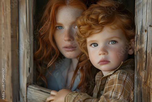 A redheaded mother and her child with matching curly hair share a quiet moment together, gazing out of a rustic window. 